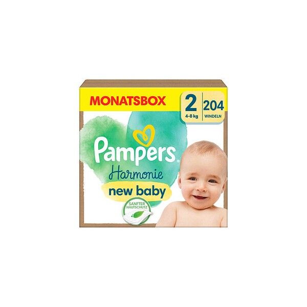 Pampers Harmonie Monatsbox Gr.2. Verpackung mit Baby-Illustration. Text: new baby, sanfter Hautschutz. 204 Windeln, 4-8kg.