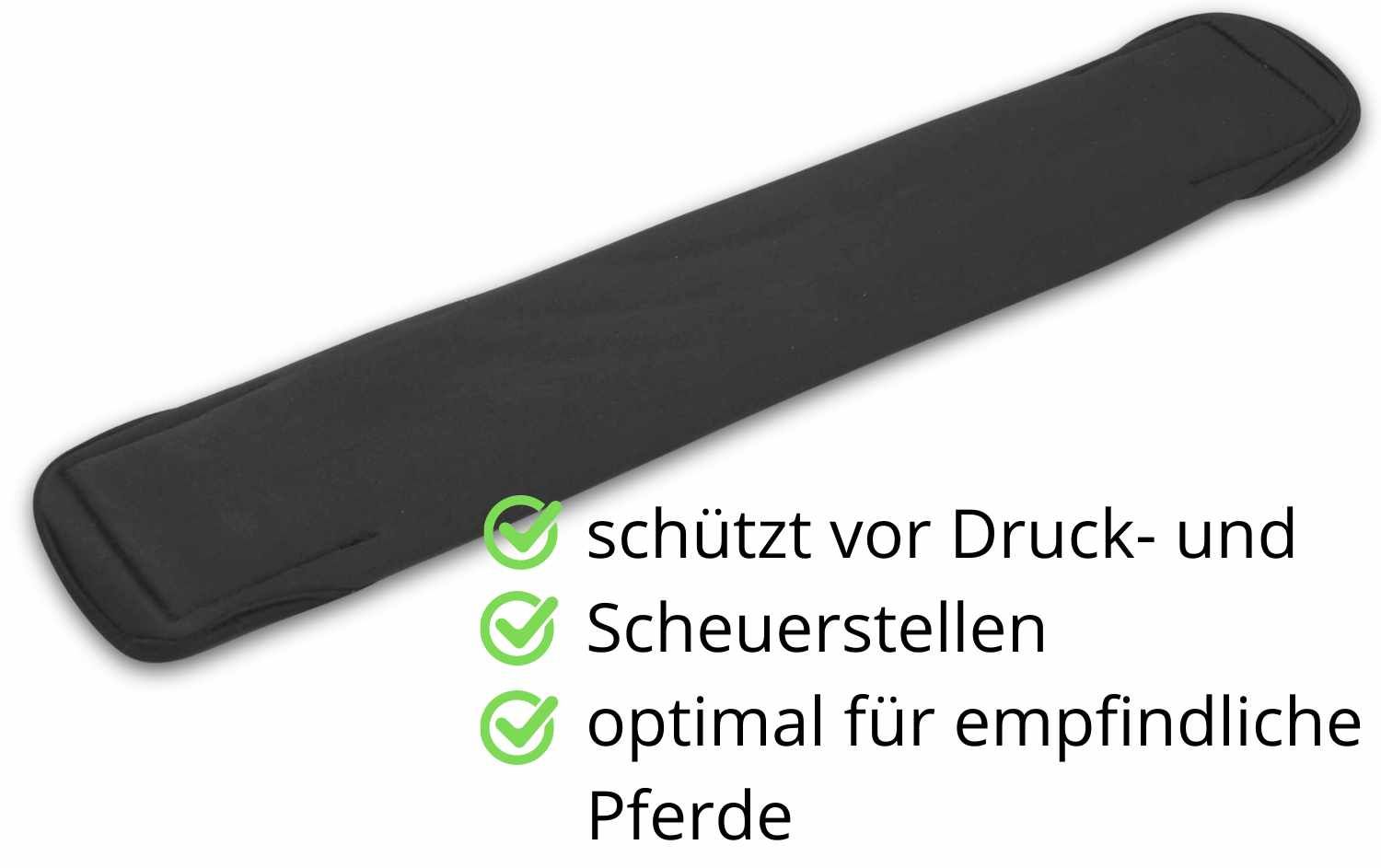 Schwarzer Sattelgurt. Text: schützt vor Druck- und Scheuerstellen, optimal für empfindliche Pferde.