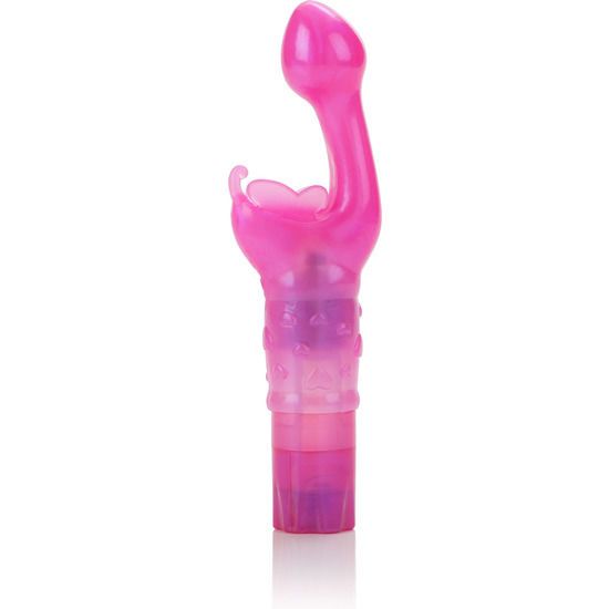 Rosa Vibrator mit gebogener Form und Kugel. Der Körper hat eine geriffelte Textur und eine Öffnung.