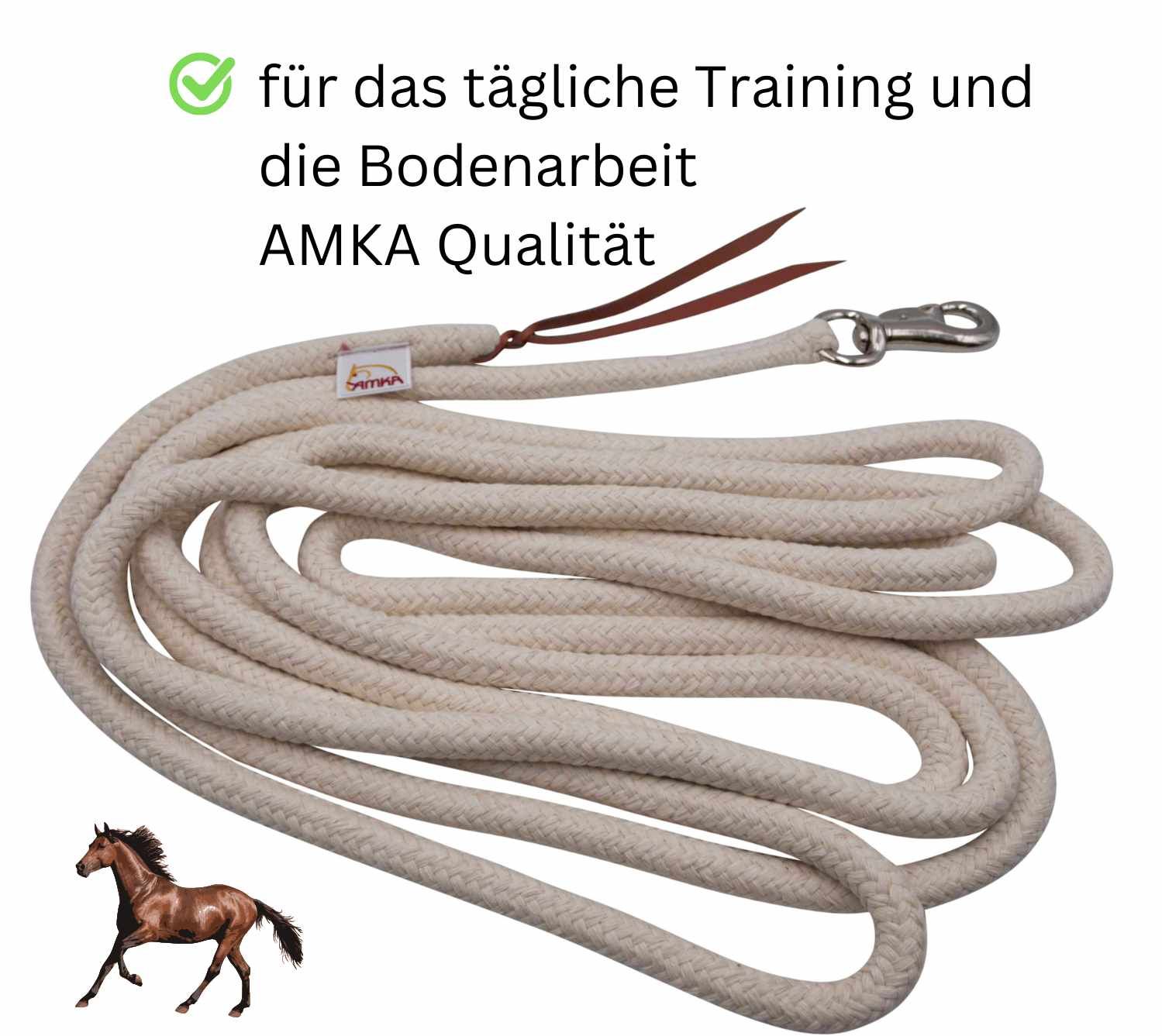 Beige AMKA Bodenseil. Baumwollseil mit Lederriemen und Karabinerhaken. Text: AMKA Qualität, für tägliches Training.