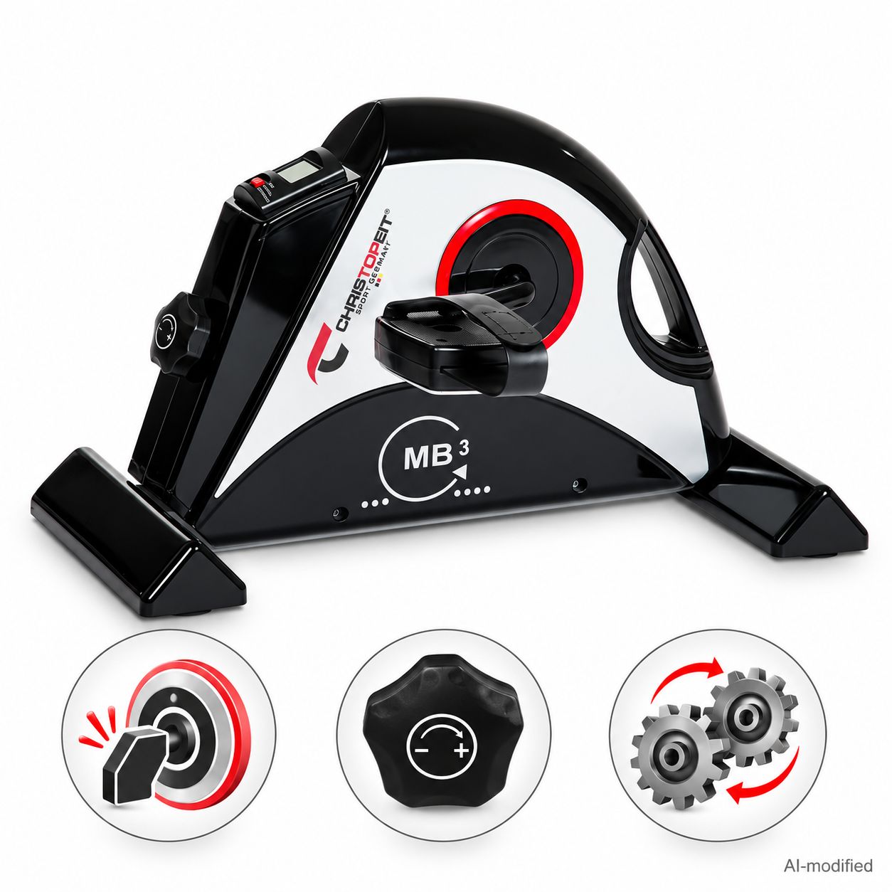 Heimtrainer MB 3 mit Fokus auf Widerstandseinstellung und Zahnräder.