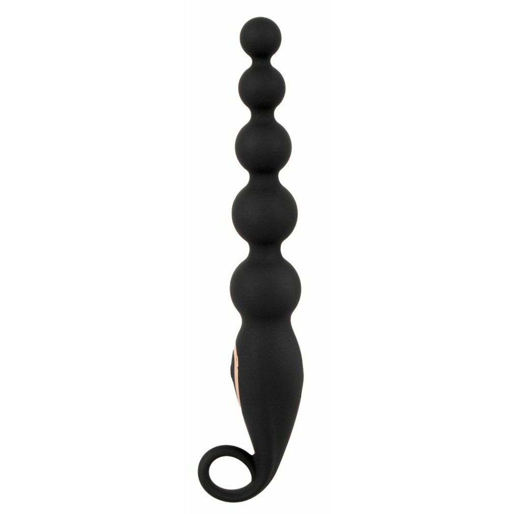 Schwarze Analperlen mit Vibration. 5 Kugeln. Mit Ring. Goldfarbener Knopf.