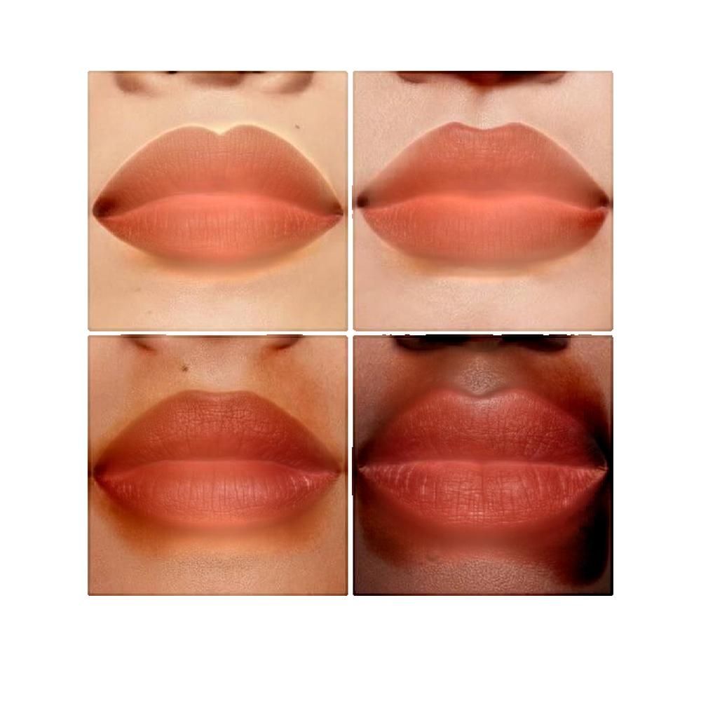 Vier Lippen in verschiedenen Hauttönen, mit aufgetragenem Lippenstift.