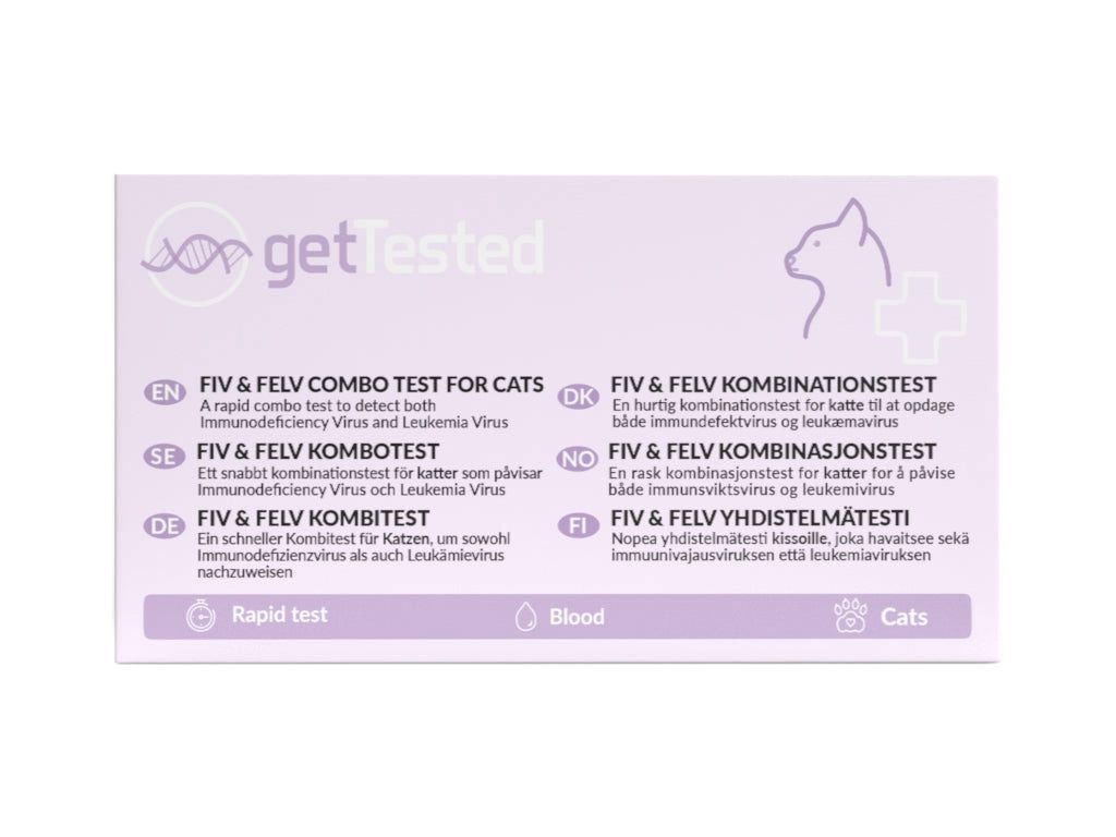 GetTested FIV & FeLV Kombitest-Verpackung. Enthält Informationen in mehreren Sprachen, einschließlich Deutsch. Mit Logo und Abbildung einer Katze.
