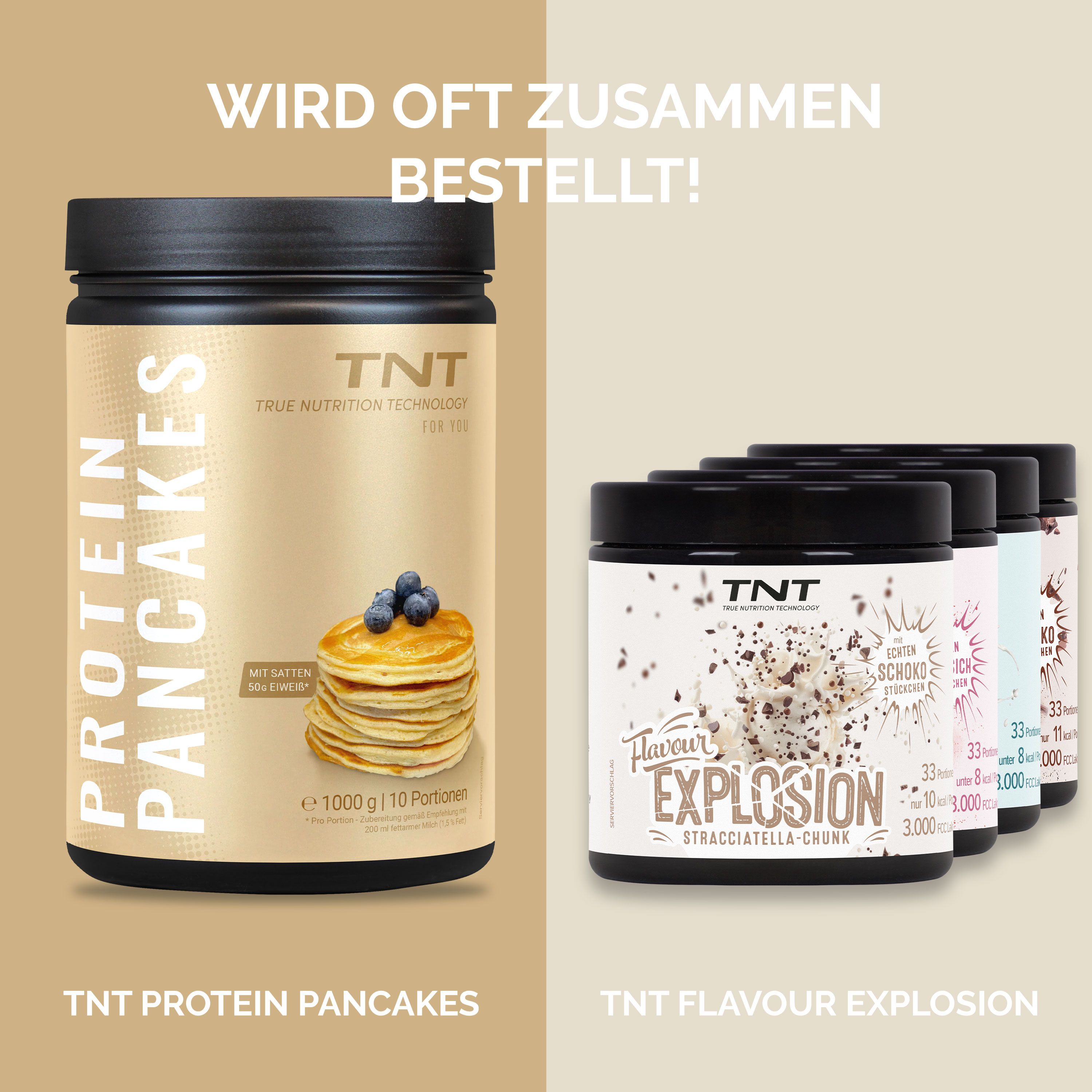 Zwei Dosen: TNT Protein Pancakes und TNT Flavour Explosion. Aufdruck: Protein Pancakes, True Nutrition Technology. Abbildung: Pancakes mit Blaubeeren.