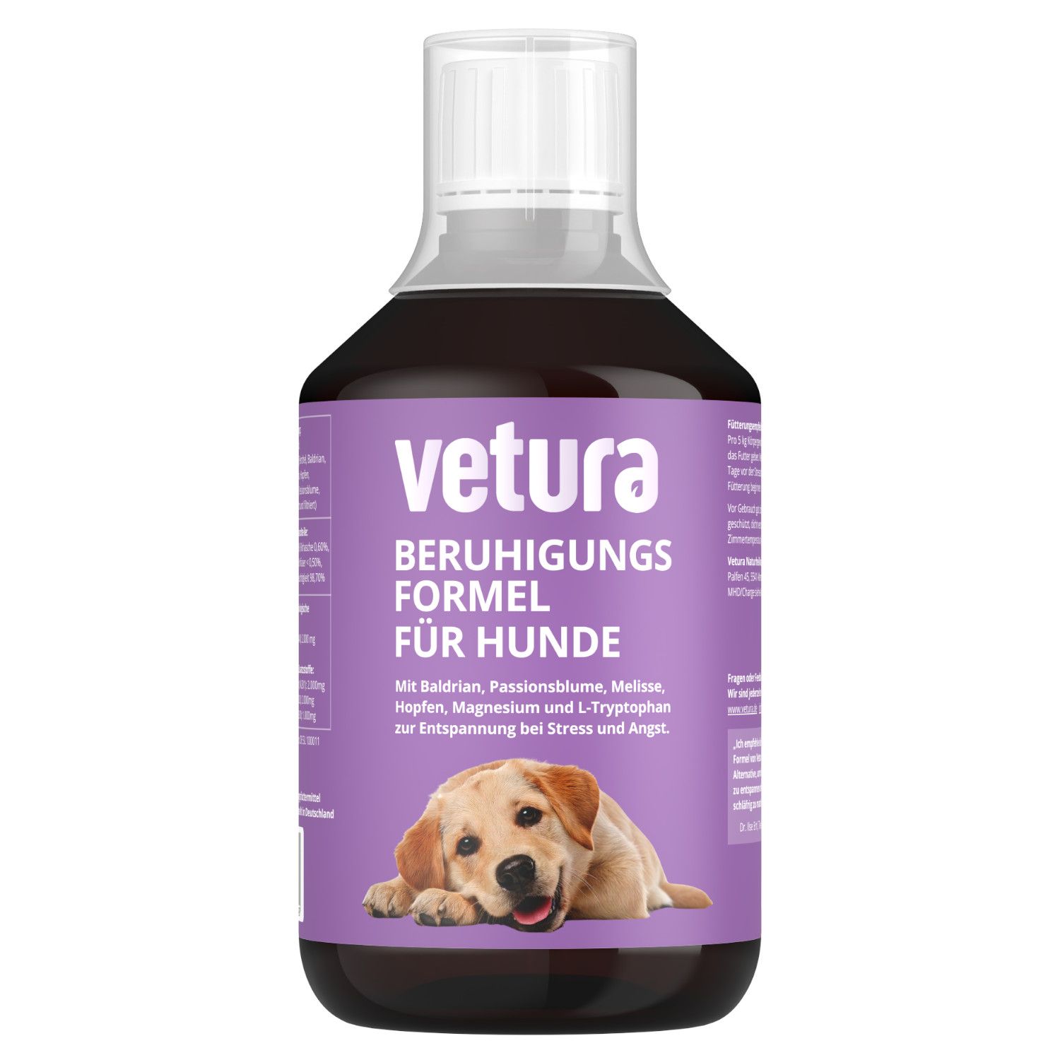 Flasche mit lila Etikett. Text: Vetura Beruhigungs-Formel für Hunde. Bild eines Hundes. Mit Baldrian, Passionsblume, Melisse, Hopfen, Magnesium, L-Tryptophan.