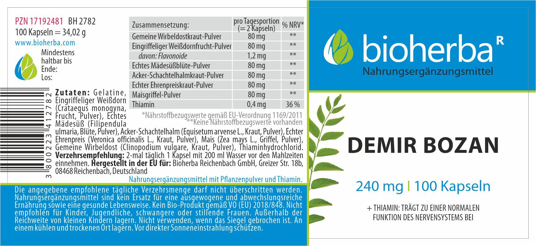 Etikett mit 'bioherba' Logo und Text. 'Demir Bozan', '240 mg | 100 Kapseln' und Inhaltsstoffe sind aufgeführt. Hintergrund weiß.