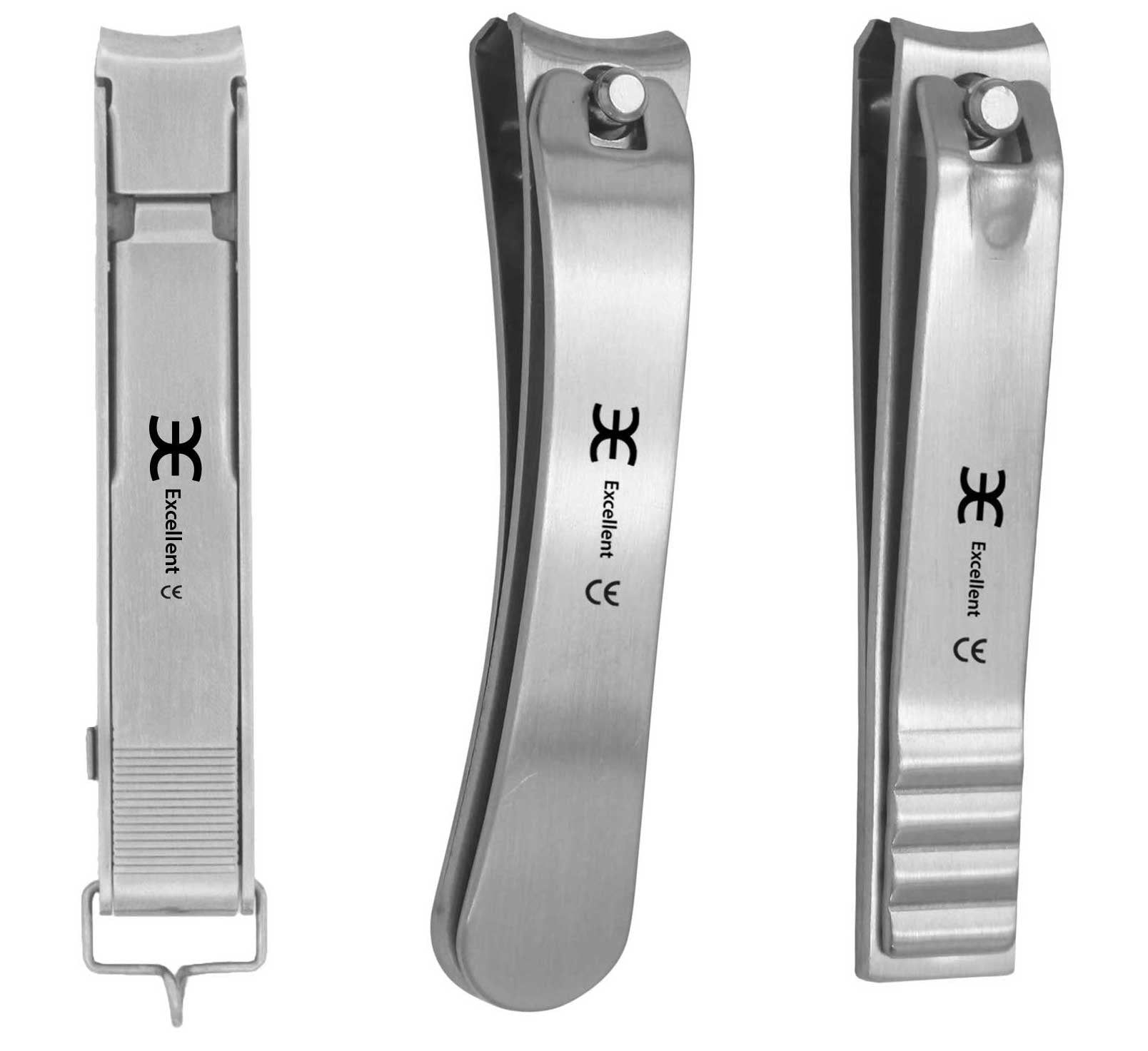 Drei Nagelknipser aus Metall. Auf jedem ist das Logo "Excellent" und das CE-Zeichen zu sehen. Unterschiedliche Formen.