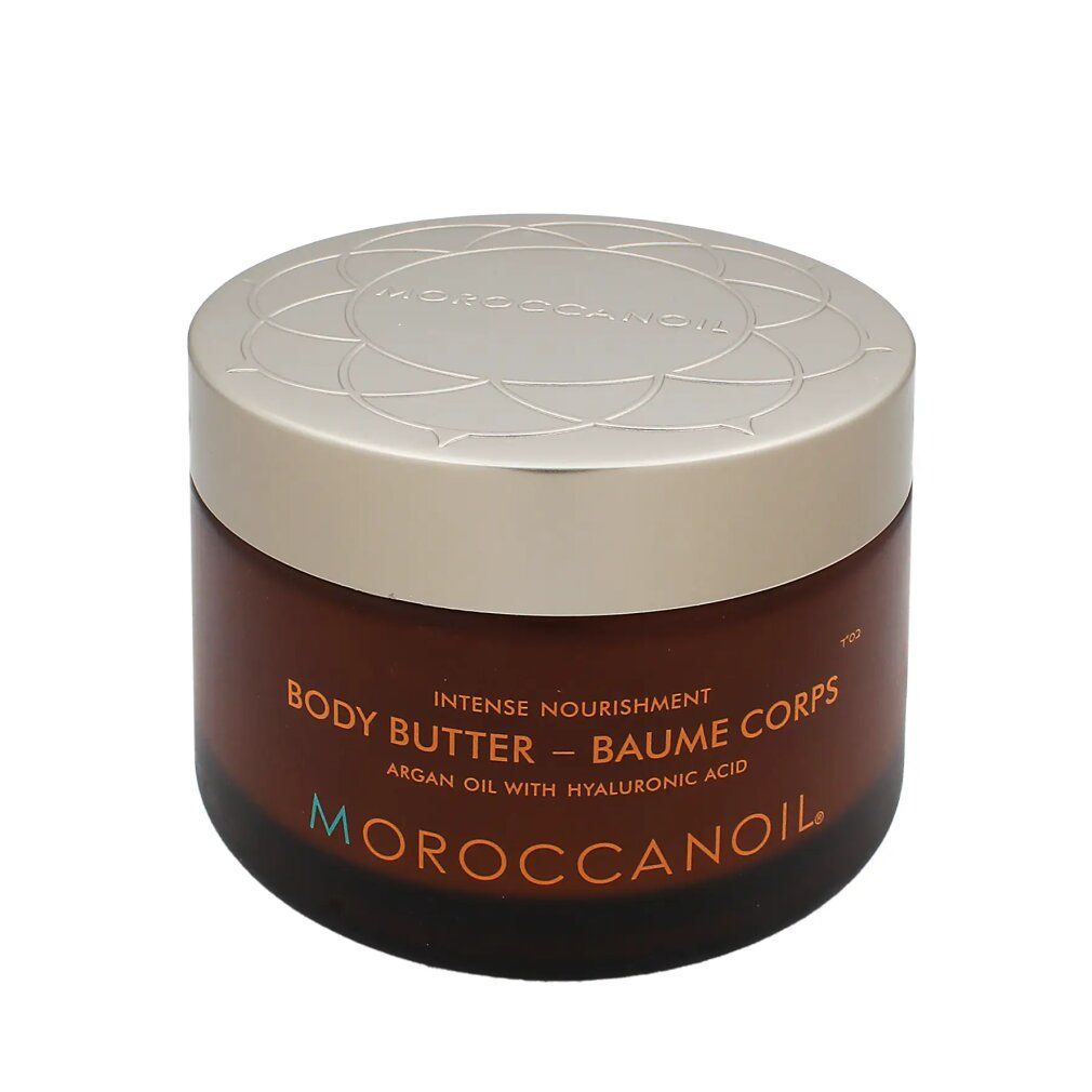 Braune Dose mit goldfarbenem Deckel. Aufschrift: Body Butter, Arganöl mit Hyaluronsäure. Marke: Moroccanoil.