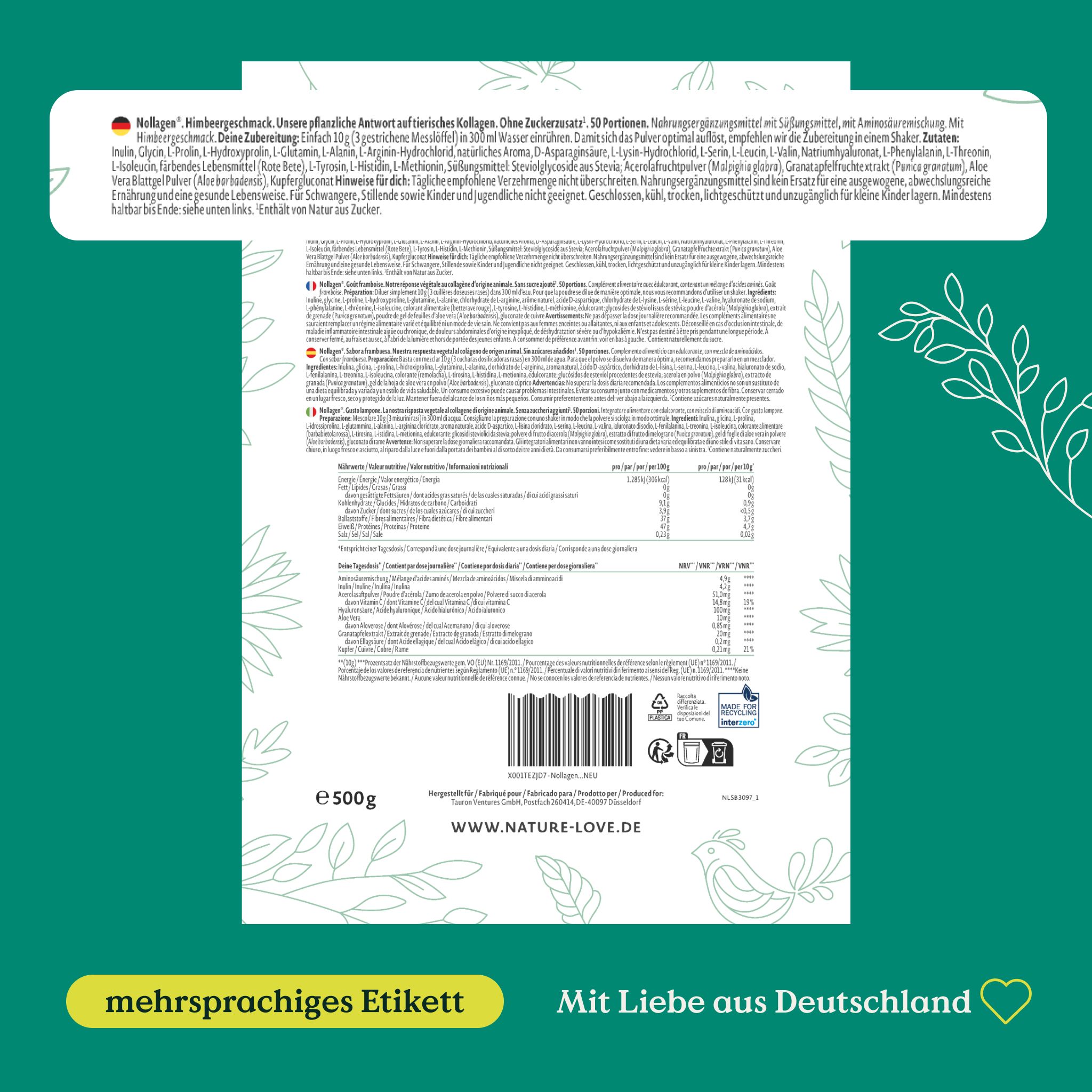 Rückseite der Produktverpackung. Text: mehrsprachiges Etikett, mit Liebe aus Deutschland. Angaben zu Inhaltsstoffen und Nährwerten.