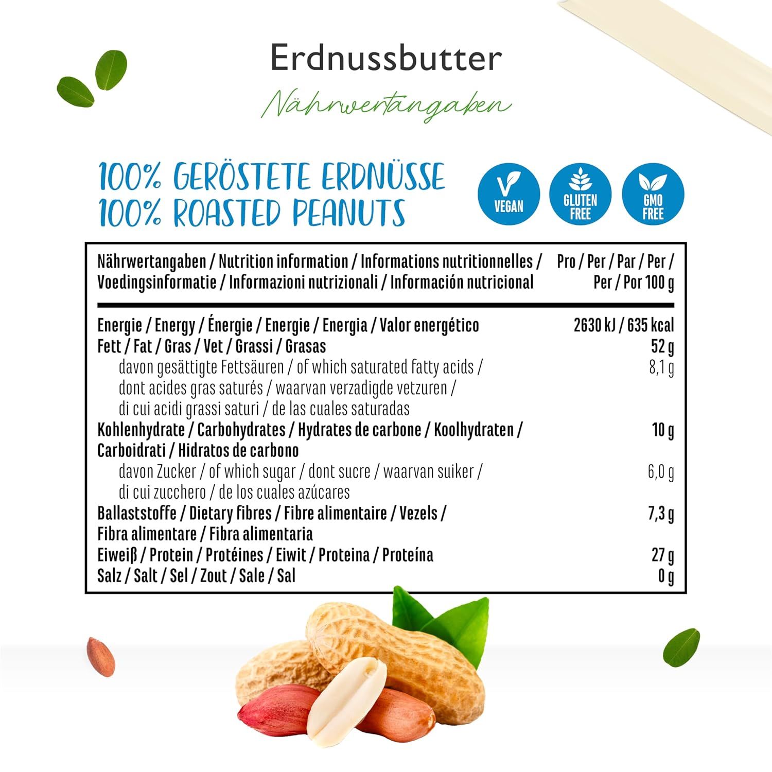 Vit4ever Erdnussbutter: Nährwertangaben, Siegel (Vegan, Glutenfrei, GMO-Frei), Erdnüsse.