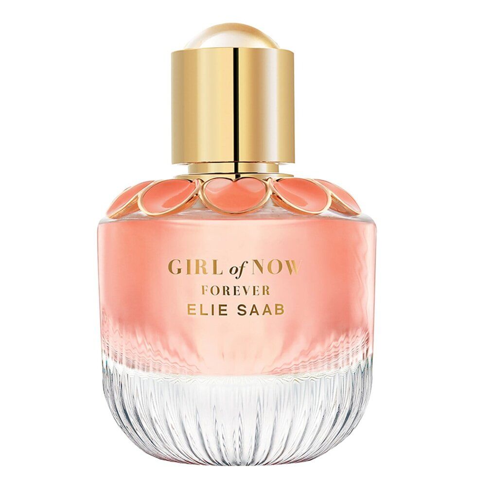Parfümflakon mit goldfarbenem Deckel und rosa Flüssigkeit. Aufschrift: GIRL of NOW FOREVER ELIE SAAB.