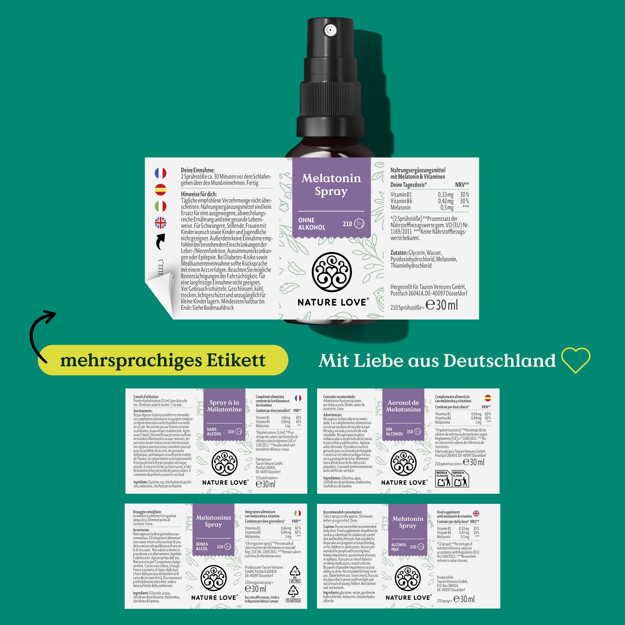 Produkt mit mehrsprachigem Etikett. Flasche mit „Melatonin Spray“ und „NATURE LOVE“. Zusätzliche Etiketten mit Informationen.