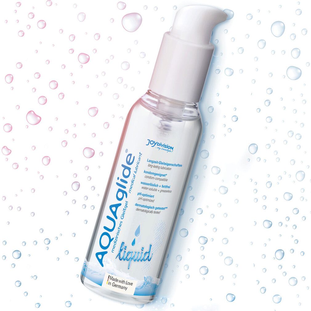 AQUAglide medical lubricant, transparente Flasche mit weißem Pumpkopf. Blaue und weiße Etiketten mit Produktinformationen.