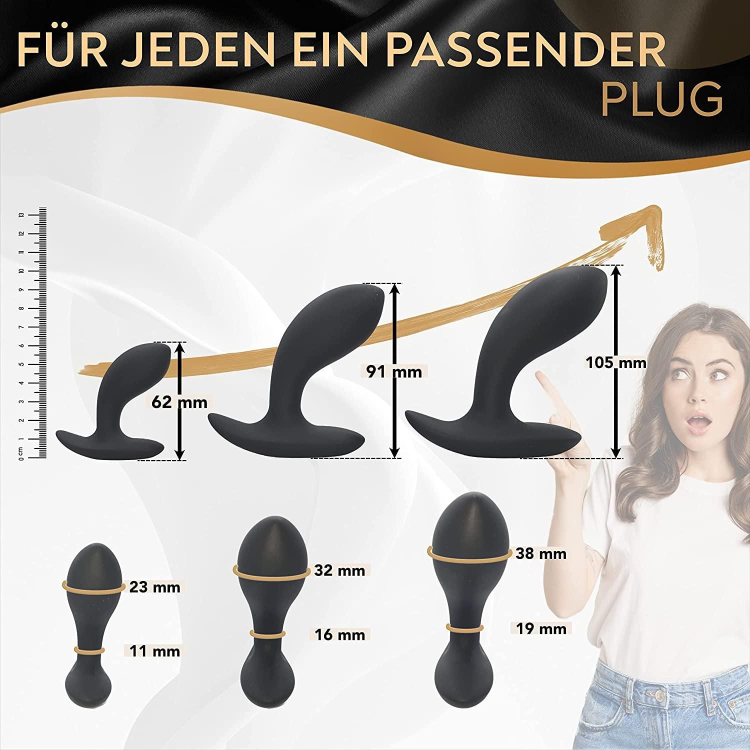 Drei schwarze Analplugs mit Größenangaben in mm. Text: Für jeden ein passender Plug.