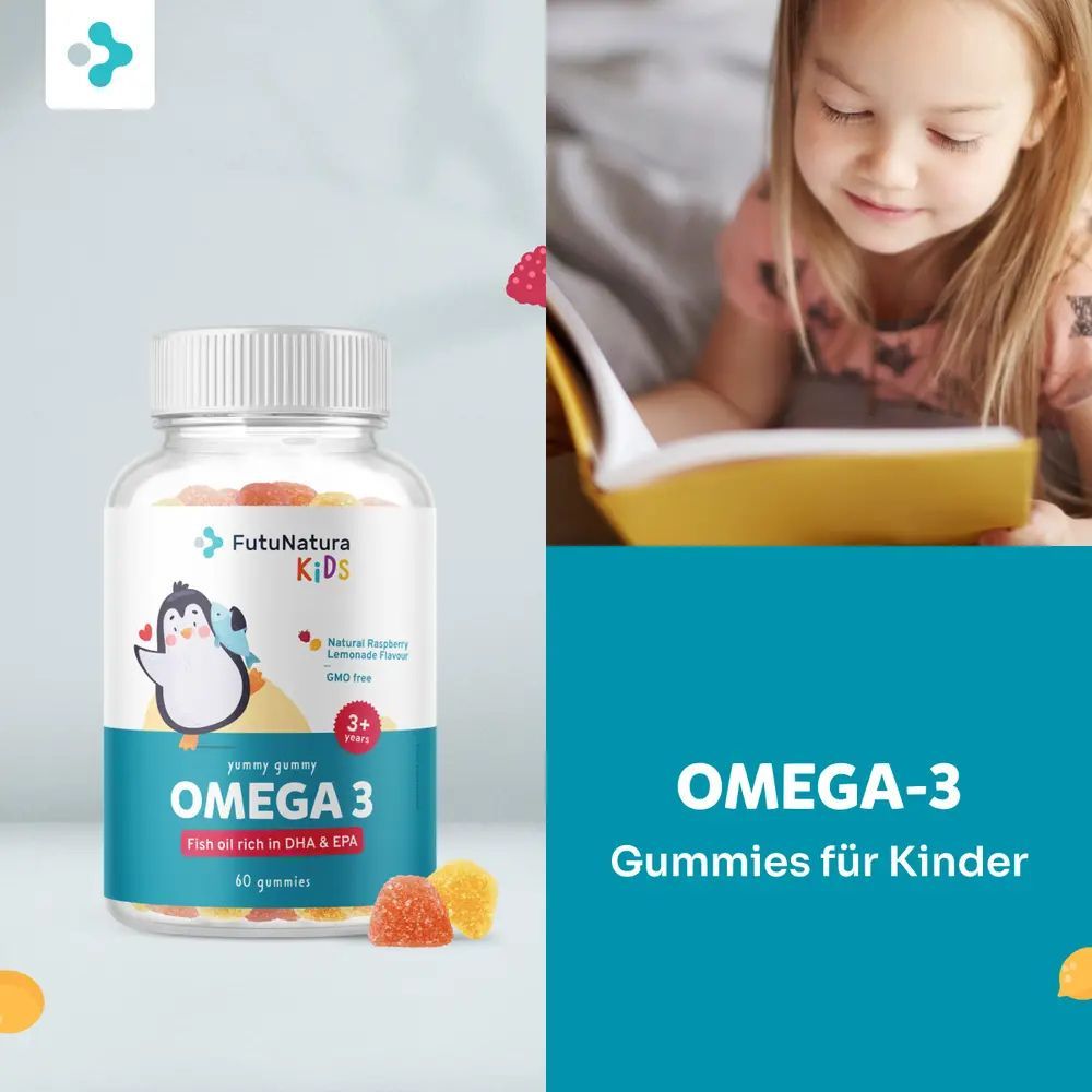 Kind liest Buch. Rechts: Flasche Omega-3 Gummies. Etikett mit Pinguin-Illustration und Text: Omega 3, 3+ Jahre, 60 Gummies.