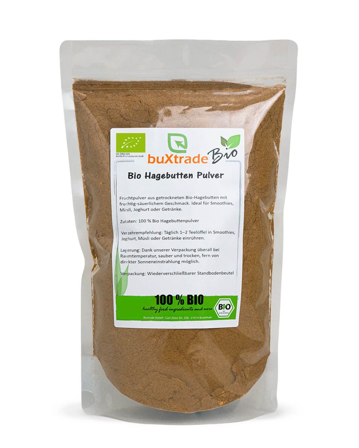 Verpackung von buxtrade Bio Hagebuttenpulver, 100% Bio-zertifiziert.