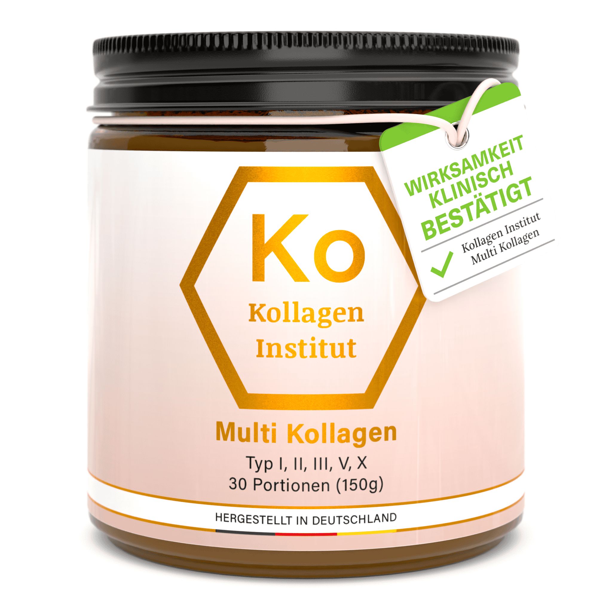 Braunes Glas mit schwarzem Deckel. Aufkleber mit Produktinformationen und dem Logo "Ko Kollagen Institut". Anhänger mit "Wirksamkeit klinisch bestätigt".