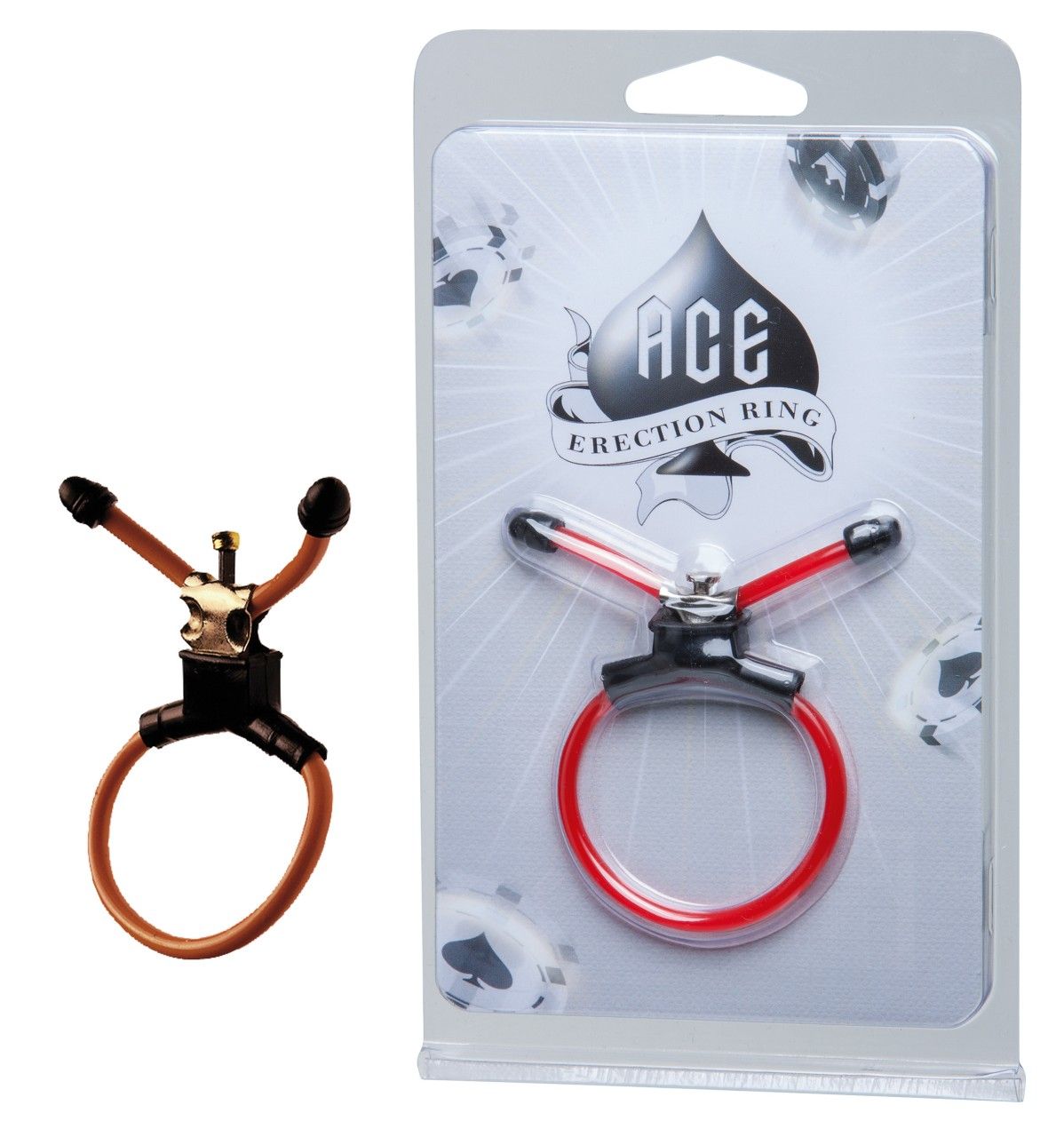Erektionsring mit rotem Ring und schwarzem Halter. Auf Blisterverpackung mit Logo "ACE ERECTION RING".