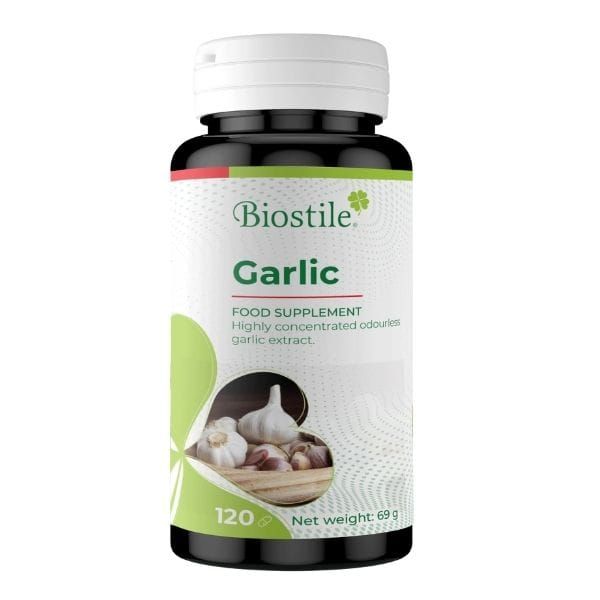 Dunkle Flasche mit weißen Deckel. Aufschrift: Biostile Garlic. 120 Kapseln. Netto: 69g. Abbildung von Knoblauch.