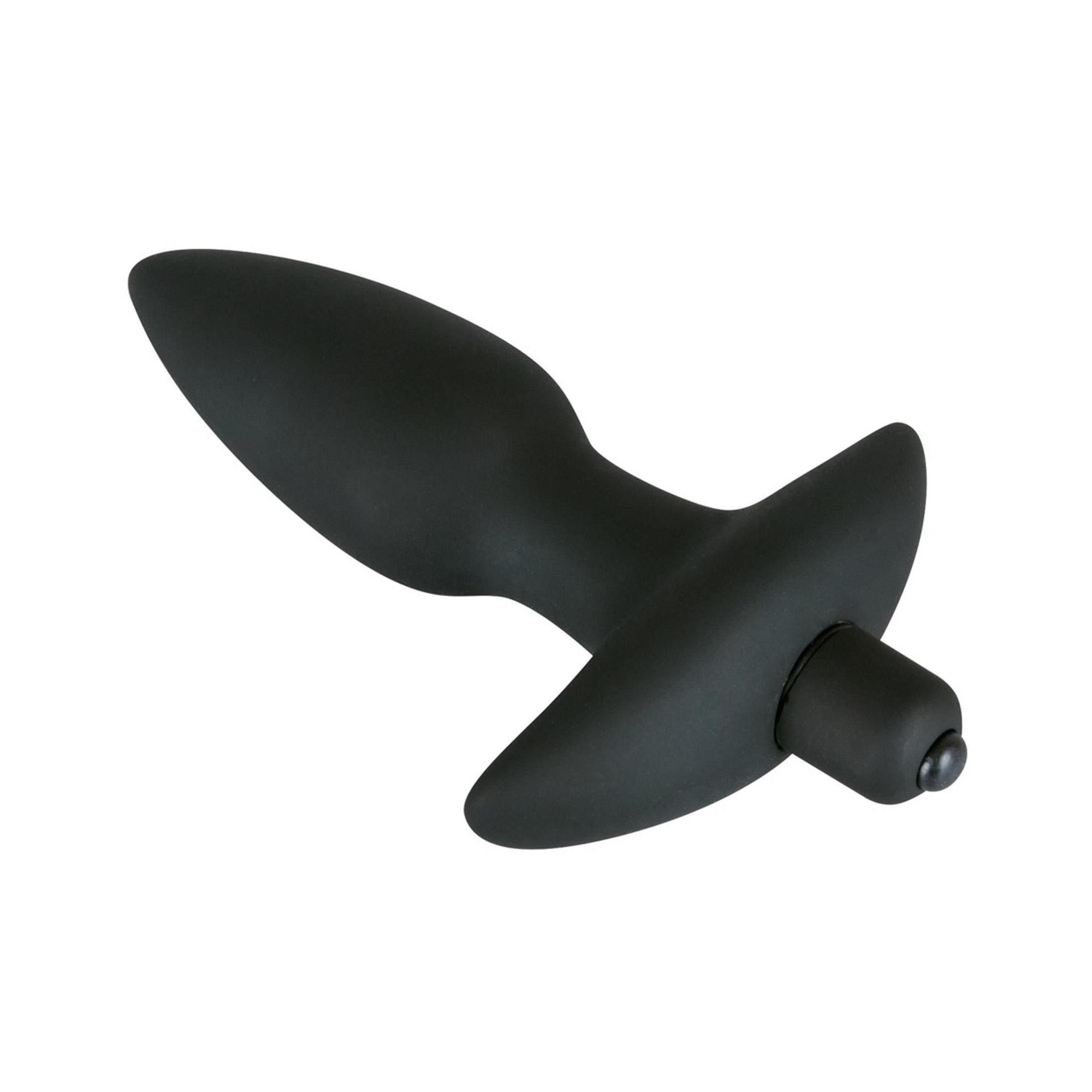 Schwarzer Plug, kegelförmig, mit T-förmigem Griff. Perspektivische Ansicht.