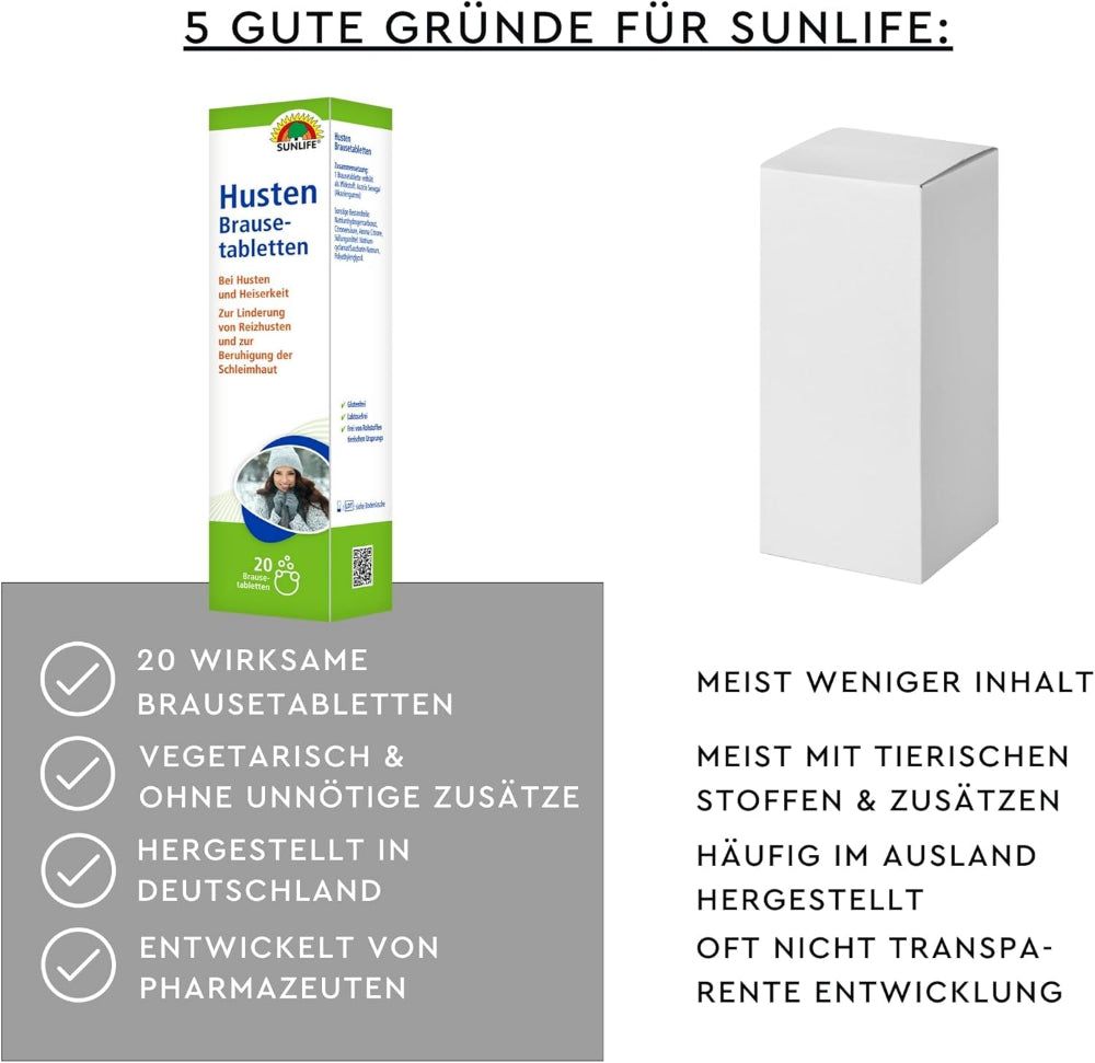 Grafik mit Packung und weißer Box. Text: 5 gute Gründe für Sunlife: 20 wirksame Brausetabletten, vegetarisch, hergestellt in Deutschland.