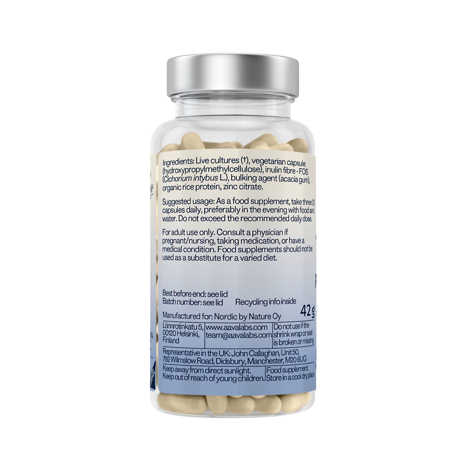 Rückseite einer Flasche AAVALABS Premium Probiolac mit Zutatenliste und Dosierung.