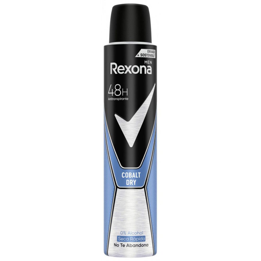 Deodorant-Spraydose. Schwarz-blaue Dose mit schwarzem Deckel. Aufschrift Rexona, 48H, Cobalt Dry. Enthält 0% Alkohol.