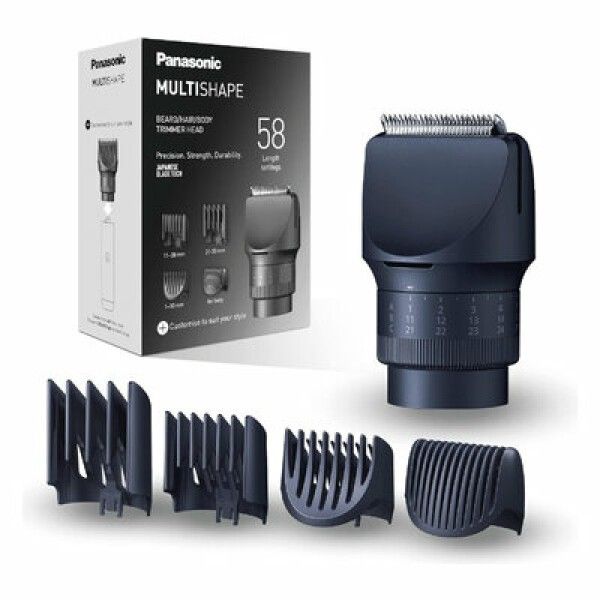 Trimmeraufsatz mit Zubehör und Verpackung. Schwarzer Trimmerkopf, Aufsätze und Box mit Produktabbildung und Schriftzug Panasonic.