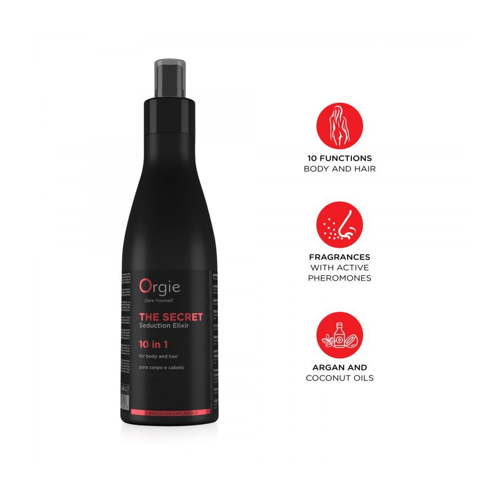 Schwarze Flasche mit Orgie THE SECRET Seduction Elixir, 10 in 1 für Körper und Haar. Enthält Argan- und Kokosöl.