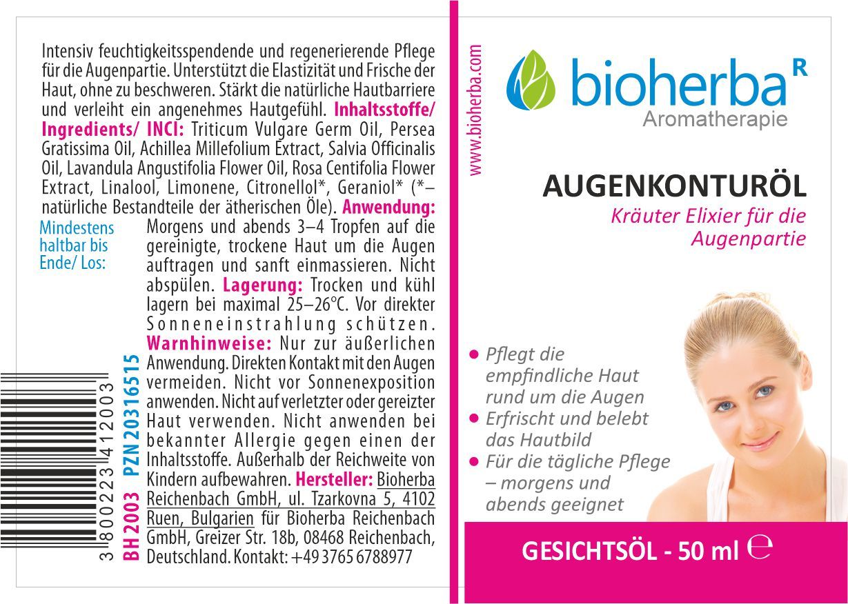 Bioherba Augenkonrturtöl Flasche, Etikett mit detaillierten Produktinformationen, Inhaltsstoffen und Anwendungshinweisen.
