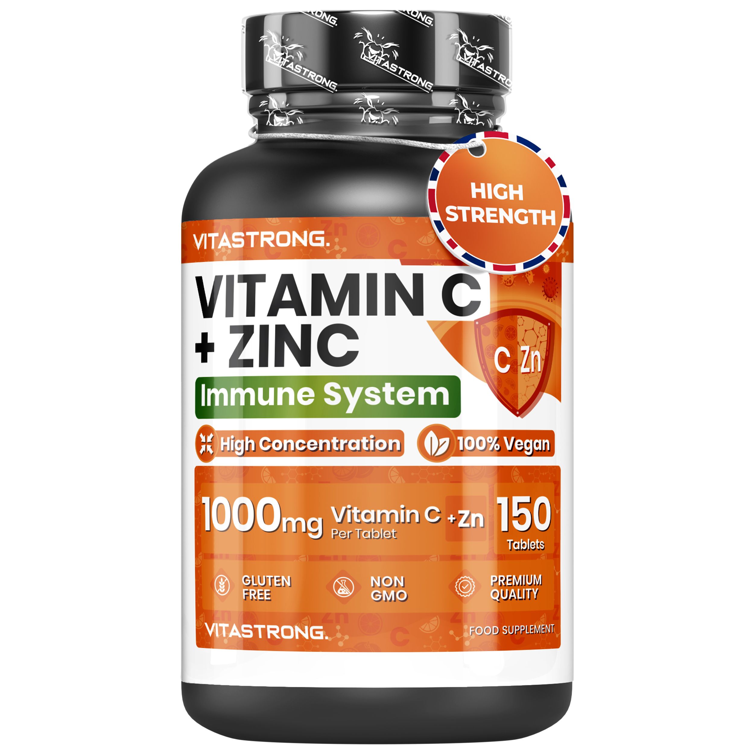 Vitastrong Vitamin C + Zink, 150 Tabletten. Schwarze Flasche mit orangefarbenem Etikett. Text: „Immunsystem“ und „1000mg Vitamin C“.