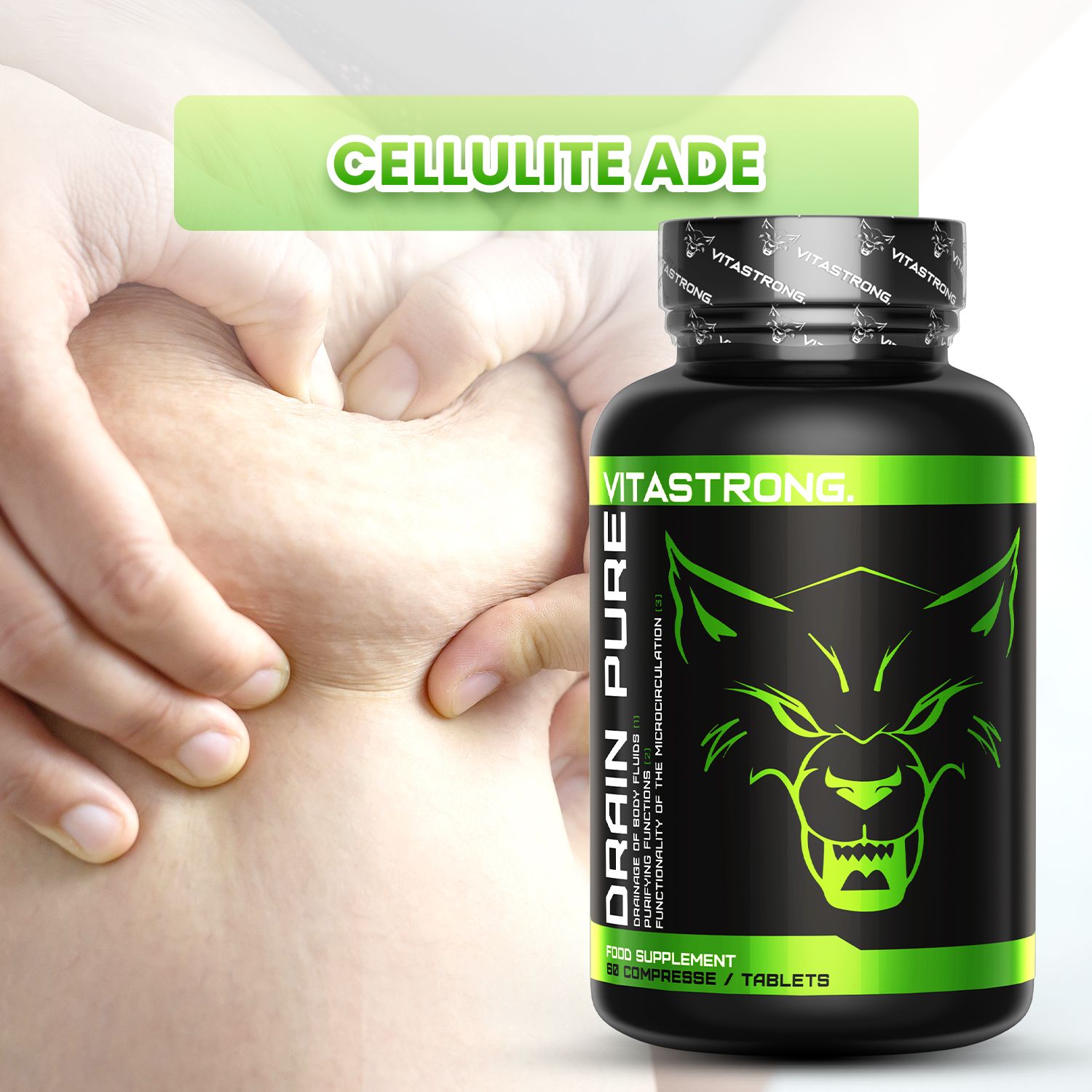 Vitastrong Drainpure. Schwarze Flasche mit 60 Tabletten. Nahaufnahme des Bauches. Text: Cellulite ade.