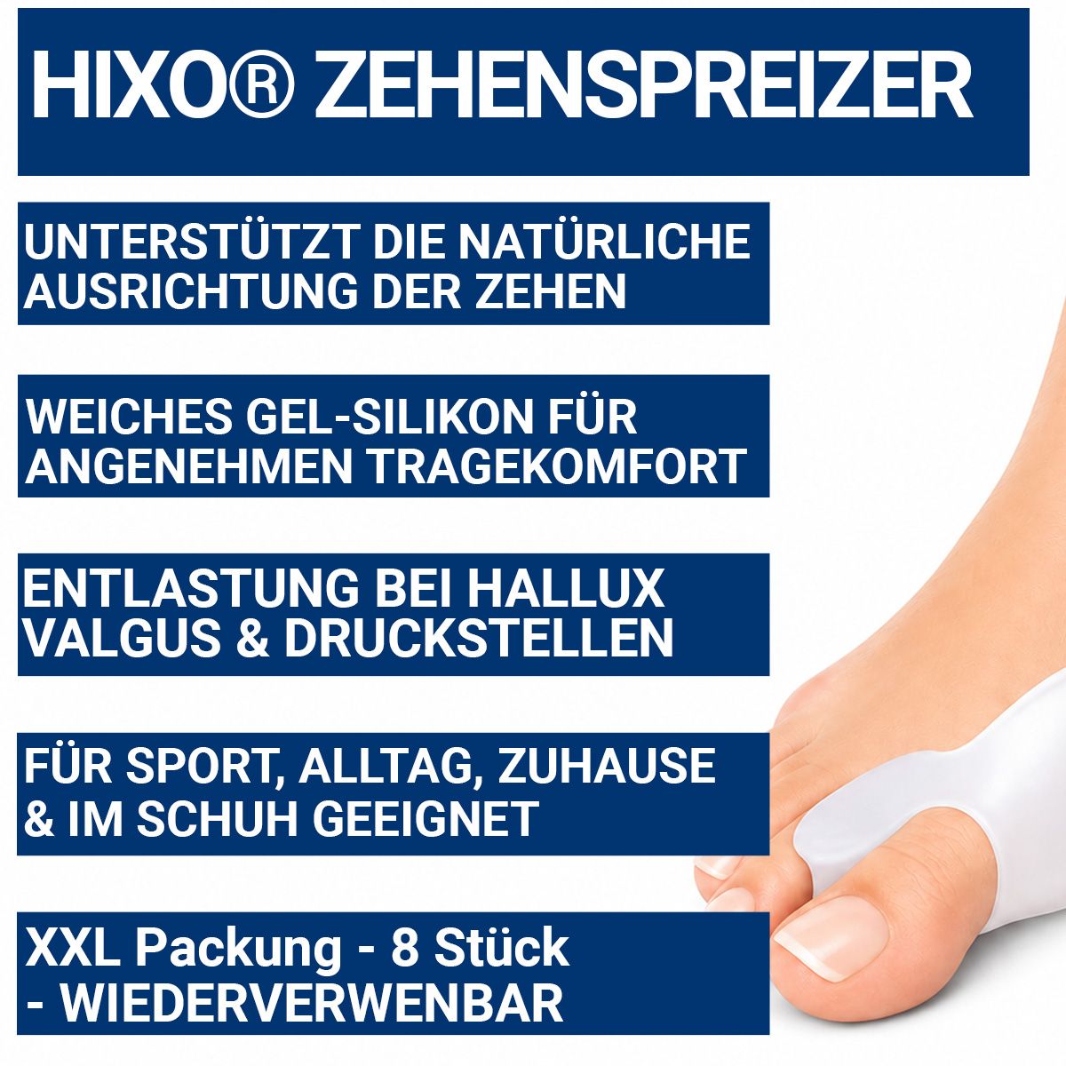 HIXO Zehenspreizer Hallux Valgus - Ballenschutz & Zehentrenner aus weichem Silikon ohne BPA