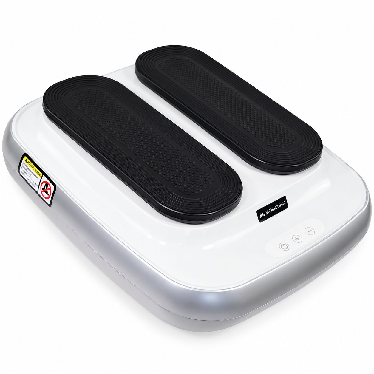 Vibrationsplatte mit zwei schwarzen Trittflächen, Fernbedienung und Maßangaben.