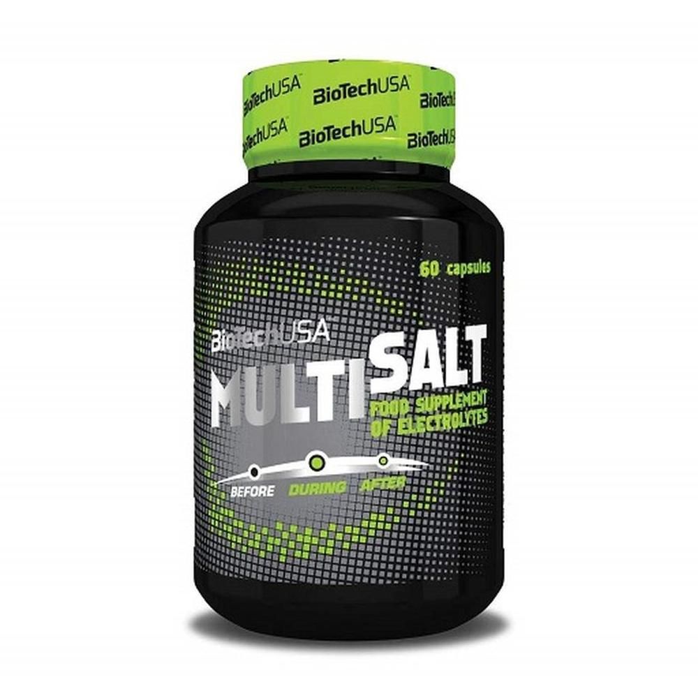 Schwarze Flasche mit grünem Deckel. Aufschrift: BioTechUSA Multi Salt, 60 Kapseln. Nahrungsergänzungsmittel mit Elektrolyten.