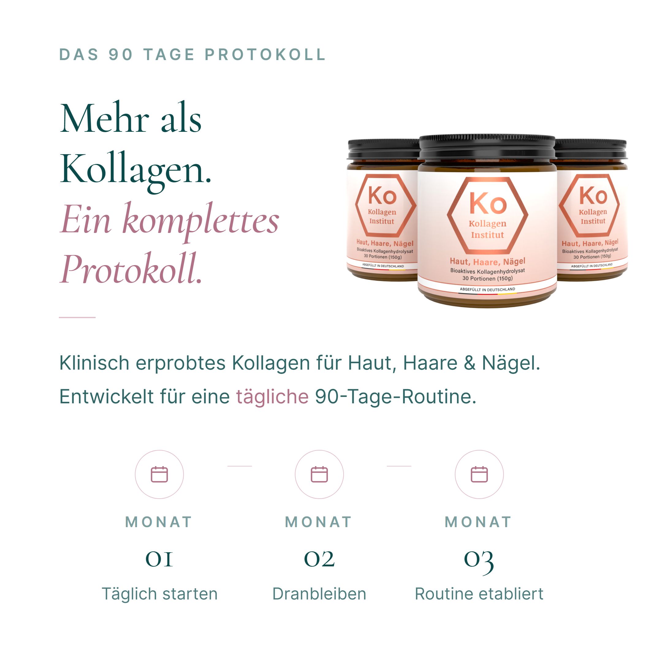 Grafik mit 90-Tage-Protokoll und drei Gläsern Kollagen Pulver.