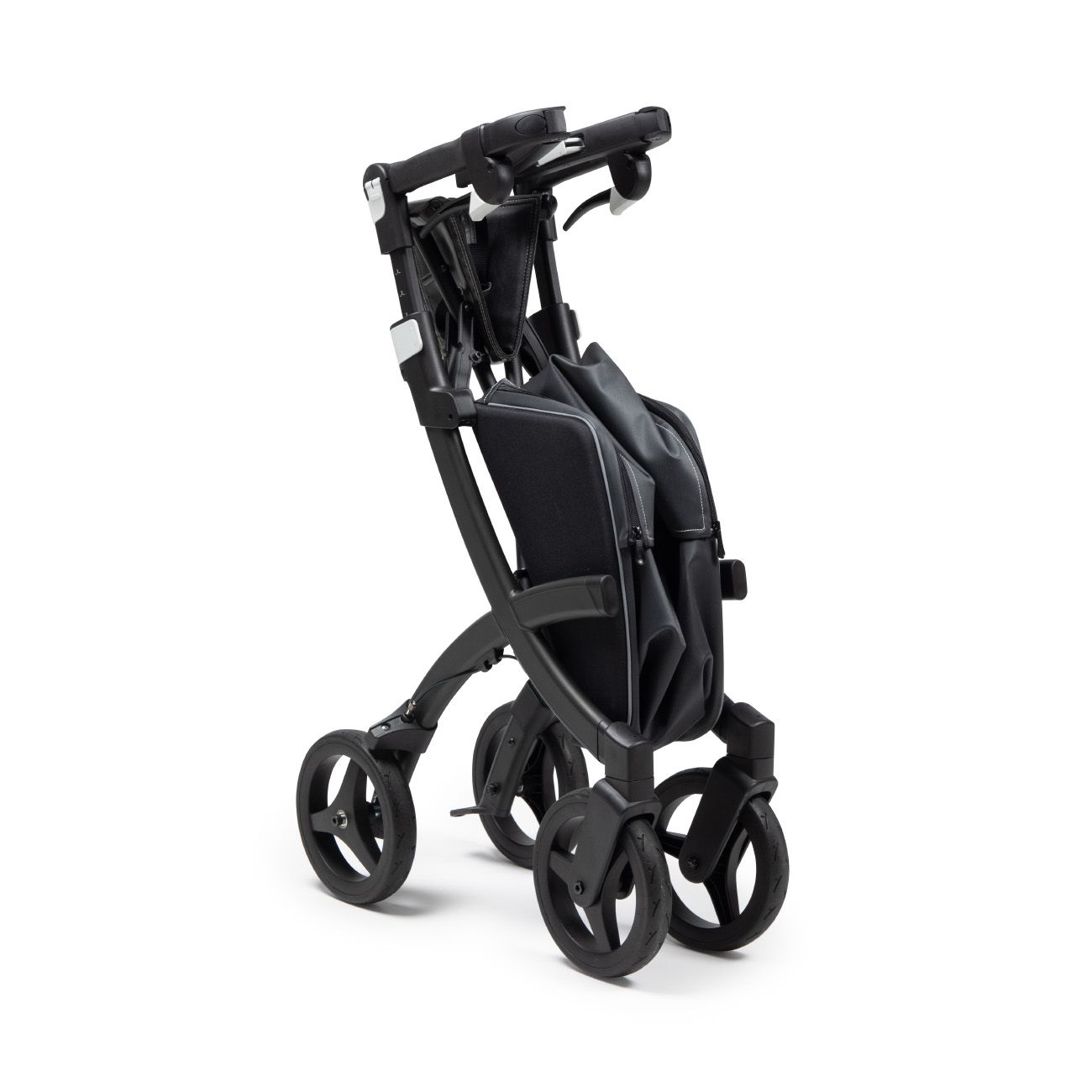 Rollz Flex 2.0 Rollator, zusammengeklappt, schwarzes Design, vier Räder.