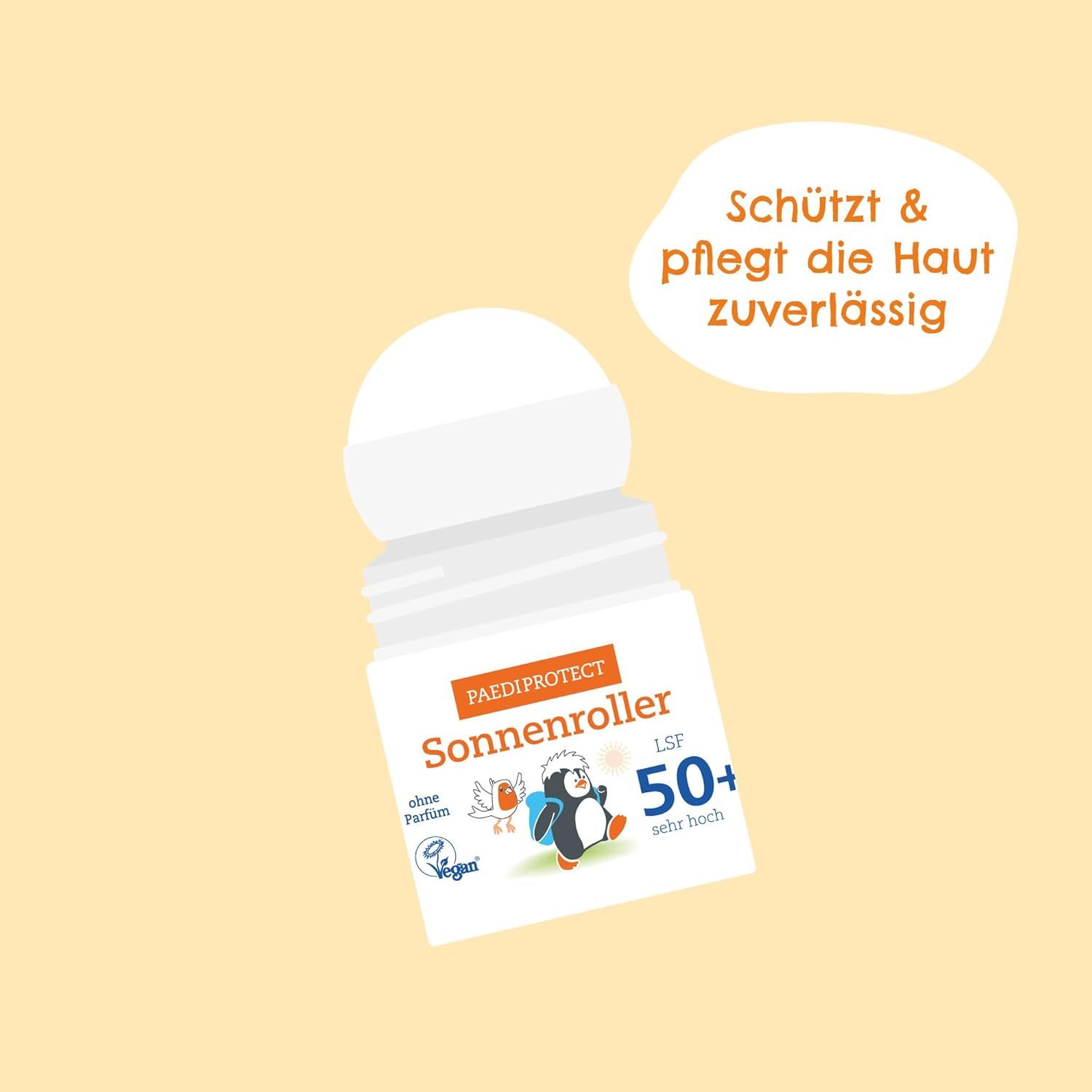 Sonnenroller mit Text und Illustrationen. Aufschrift: PAEDIPROTECT Sonnenroller LSF 50+. Vegan-Siegel. Sprechblase: Schützt & pflegt die Haut zuverlässig.