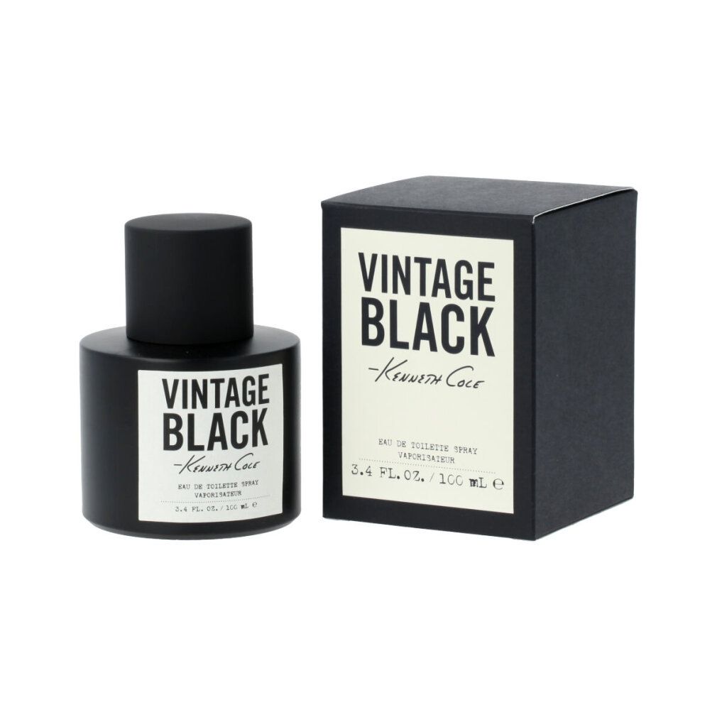 Schwarze Flasche und Karton. Aufschrift: Vintage Black, Kenneth Cole. Eau de Toilette Spray. 3.4 FL. OZ. / 100 ml. Flasche mit schwarzem Deckel.