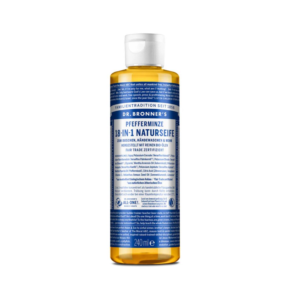 Flüssigseife von Dr. Bronner's. Pfefferminze 18-in-1 Naturseife. Blaue und weiße Etikettierung. 240 ml.