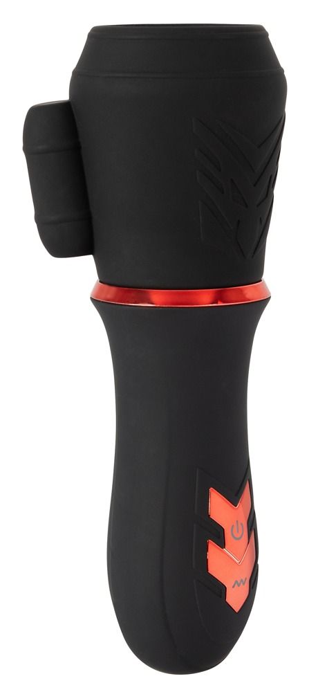 Schwarzer Masturbator mit rotem Akzent. Mit zwei Motoren. Vertikale Ansicht.