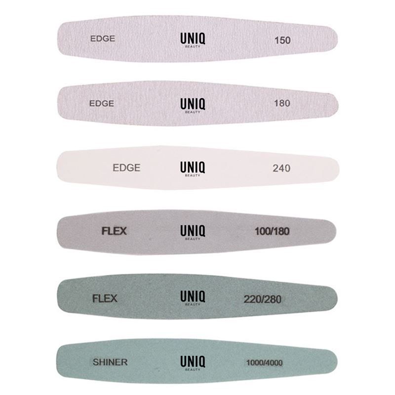 Mehrere Nagelfeilen. Verschiedene Körnungen, Beschriftung EDGE, FLEX, SHINER. Marke UNIQ. Körnungen: 150, 180, 240, 100/180, 220/280, 1000/4000.