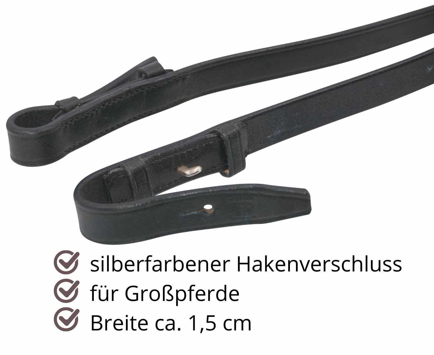 Schwarzer Lederzügel mit silberfarbenem Hakenverschluss. Für Großpferde. Breite ca. 1,5 cm.
