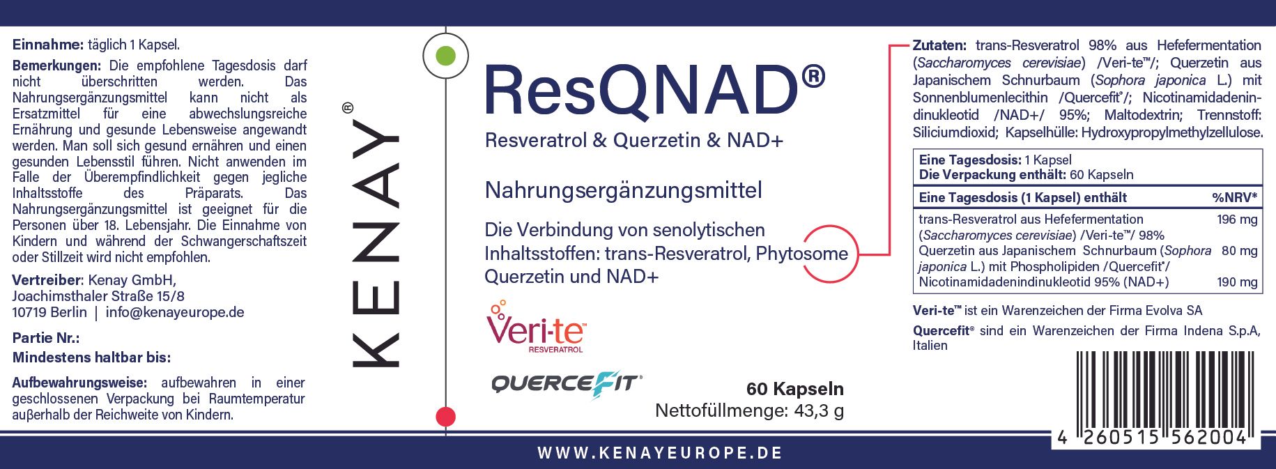 Etikett der Nahrungsergänzungsmittel ResQNAD. Enthält Informationen zu Inhaltsstoffen, Dosierung und Hersteller KENAY. 60 Kapseln.