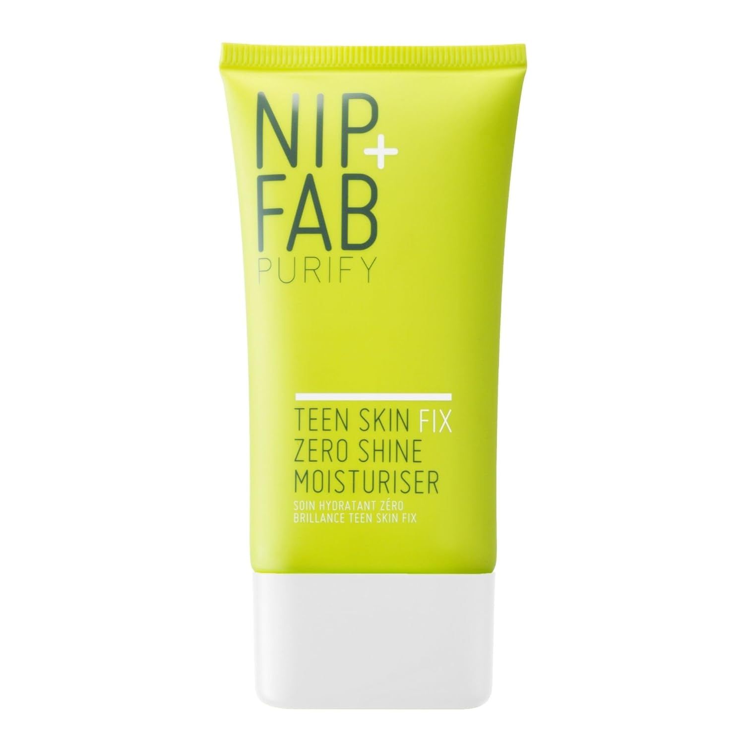 Grüne Tube mit weißem Verschluss. Aufschrift: NIP+FAB PURIFY, Teen Skin Fix Zero Shine Moisturiser.