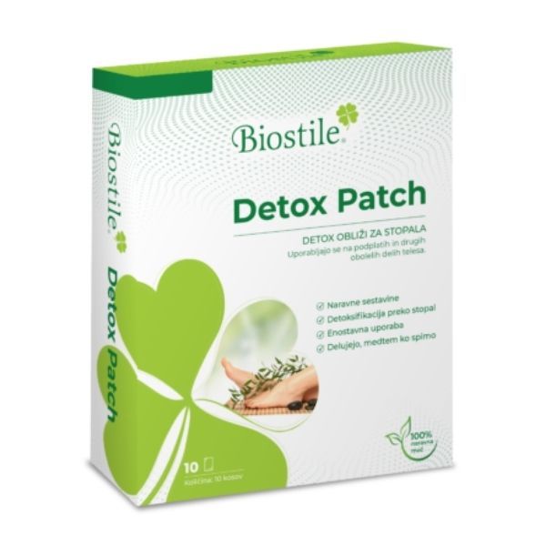 Biostile Detox Patch Verpackung mit 10 Fußpflastern, grünen Herzen und Kräutern.