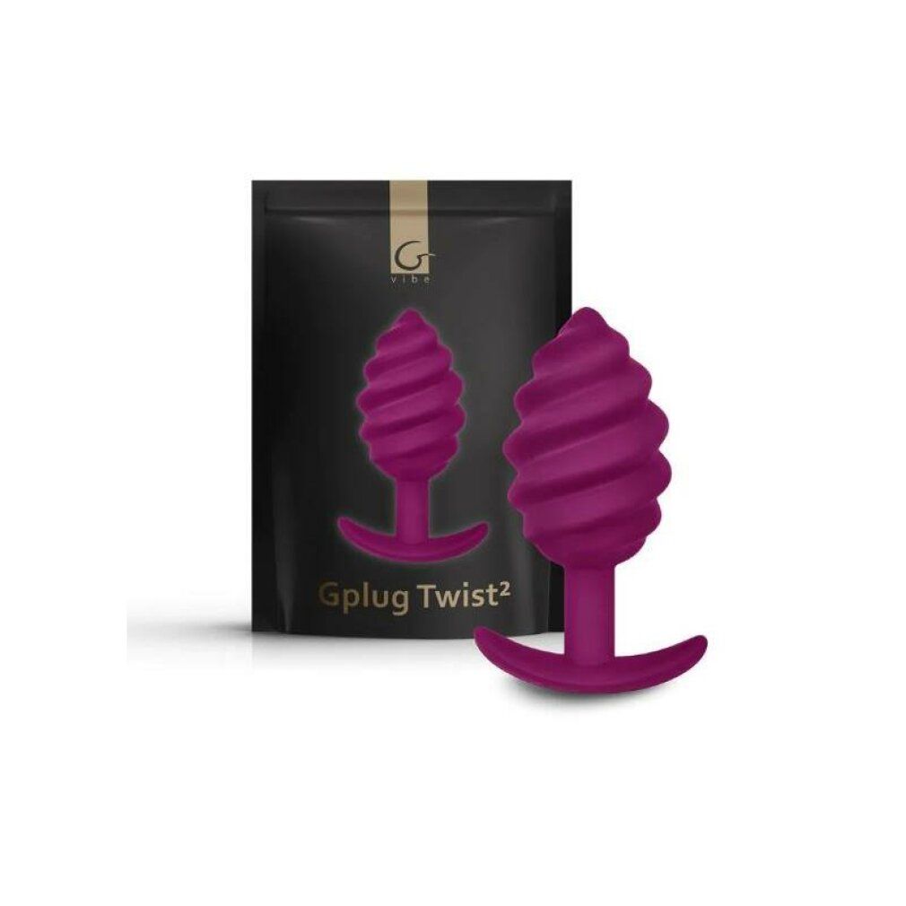 Verpackung mit zwei violetten Analplugs mit spiralförmiger Spitze. Produktname: Gplug Twist2.