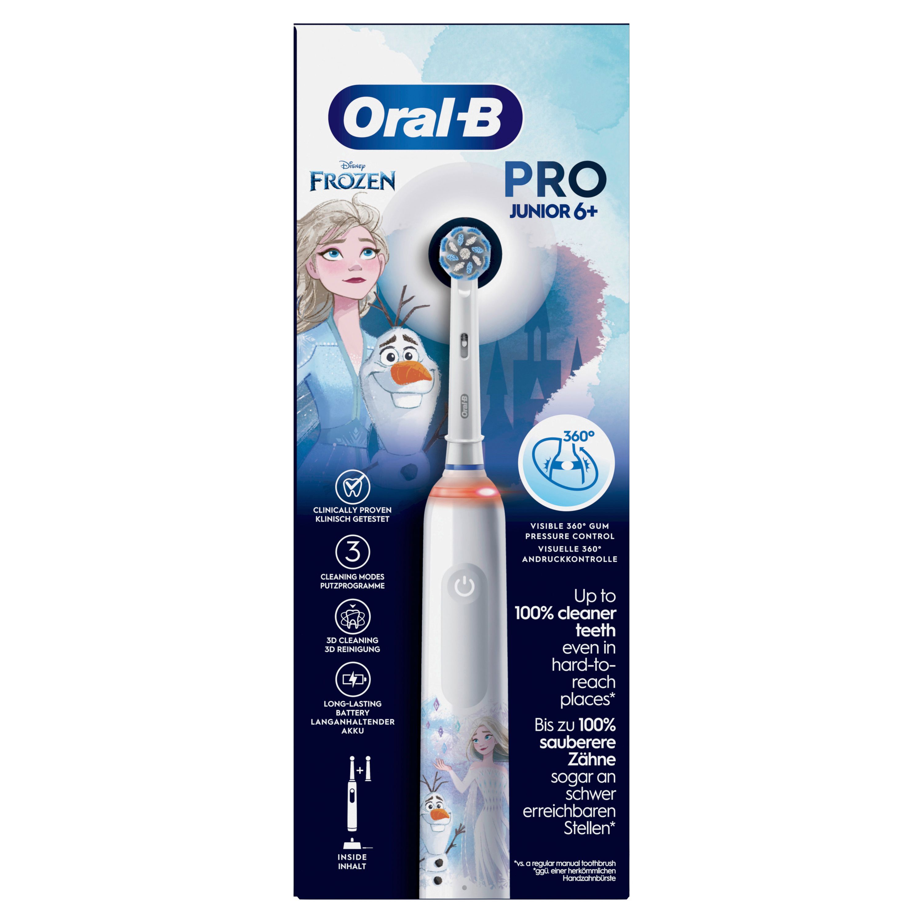 Elektrische Zahnbürste. Oral-B Pro Junior 6+ Frozen. Mit Elsa und Olaf. 3 Putzmodi. Inklusive Ladestation.