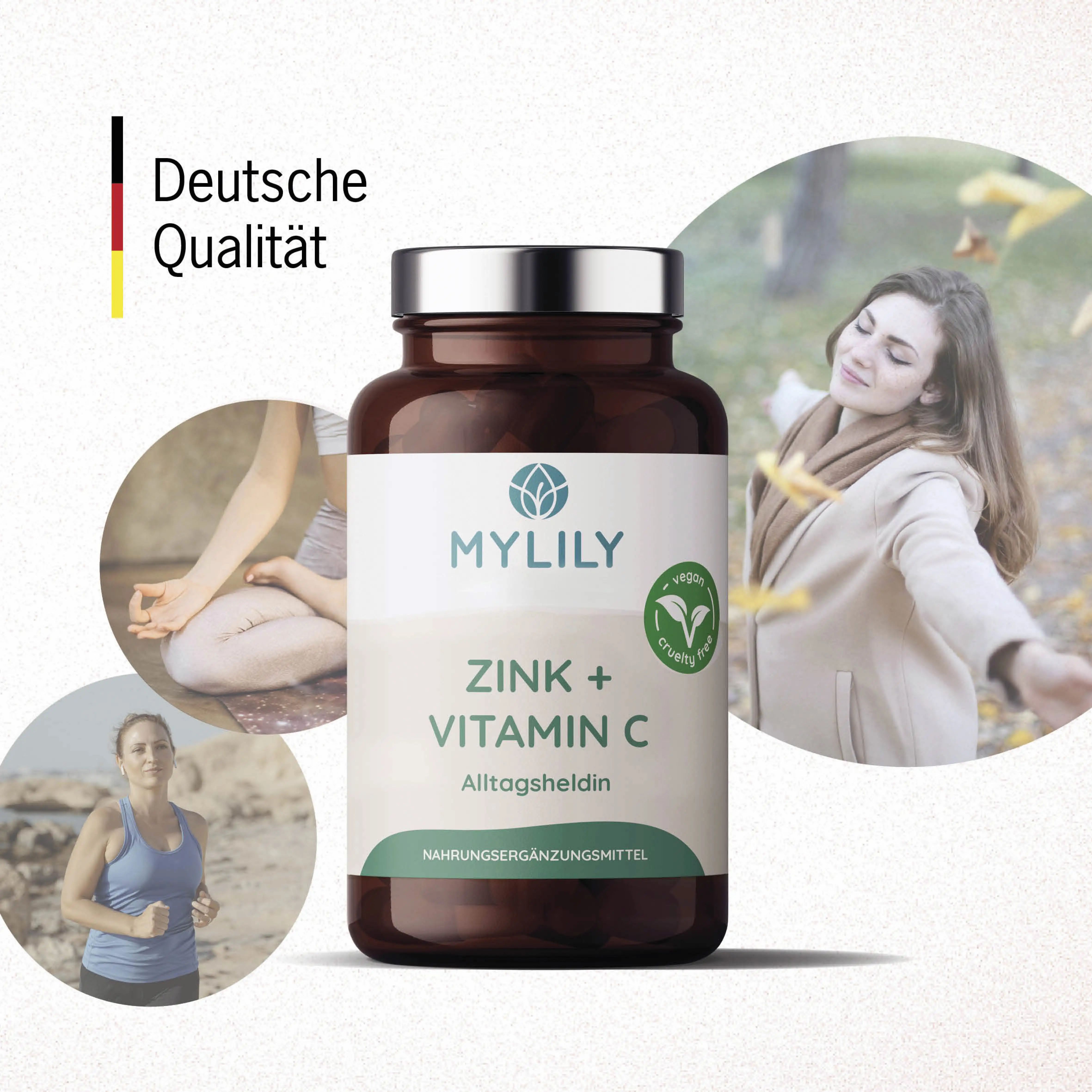 Braune Flasche mit weißem Etikett. Aufschrift: MYLILY, Zink + Vitamin C, Alltagsheldin. Deutsche Qualität. Bilder von Frauen.